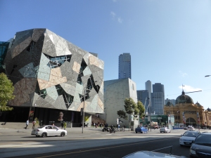 Federation Square and, to the right, Flinder's Street Station